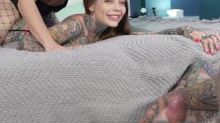 Wife Cucks Husband in their bed with a big titty trans woman – Tigerlilly – Lucy Hart – Cum Eating